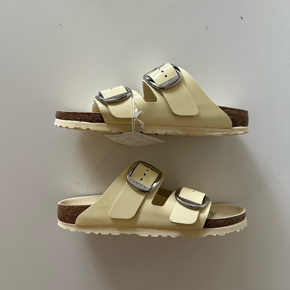 NEW Birkenstock Arizona Big Buckle High Shine Butter Leather 39 8-8.5 Silver - Picture 2 of 8
